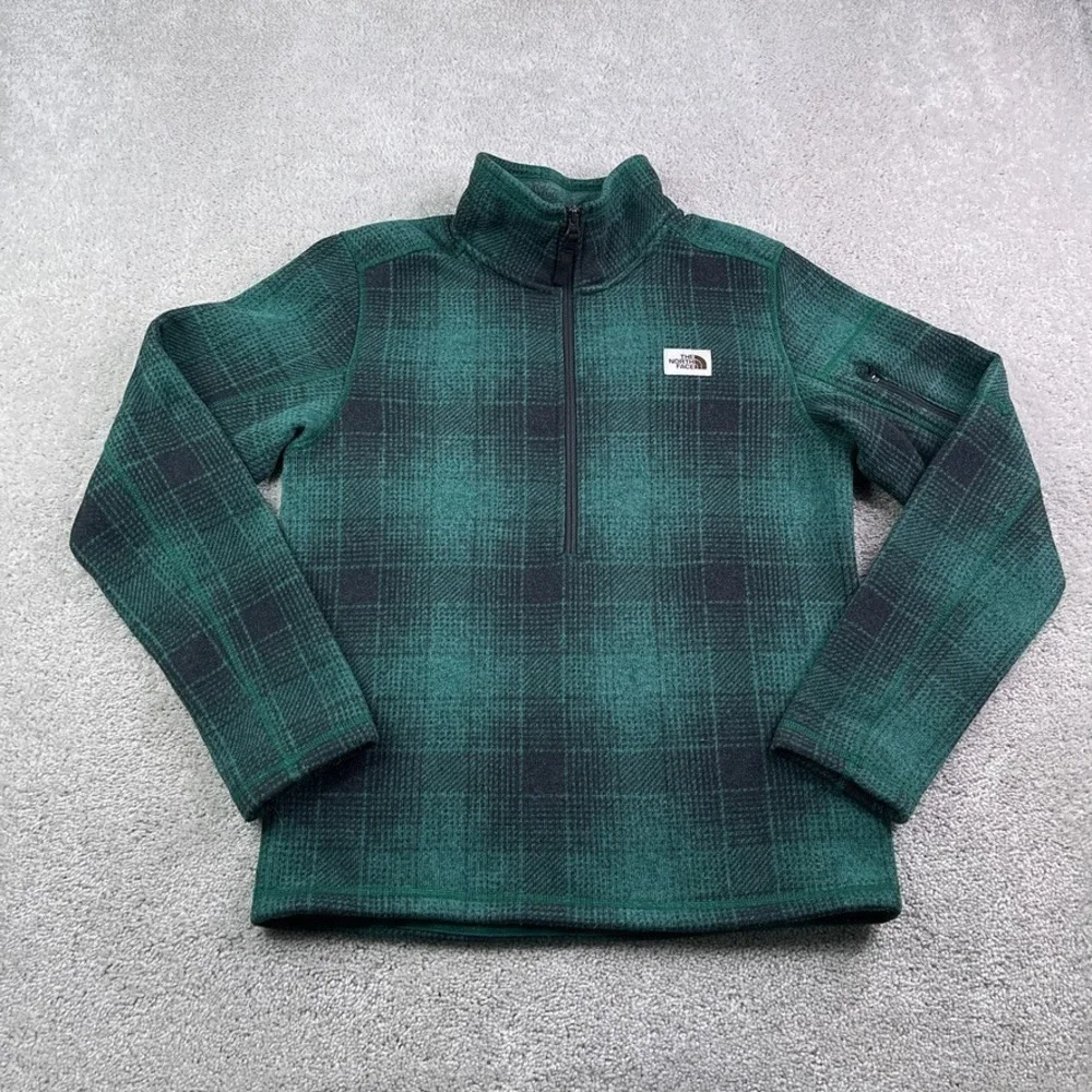 North Face Sweater Mens Small Green Plaid Gordon Lyons Fleece Half Zip Pullover‎